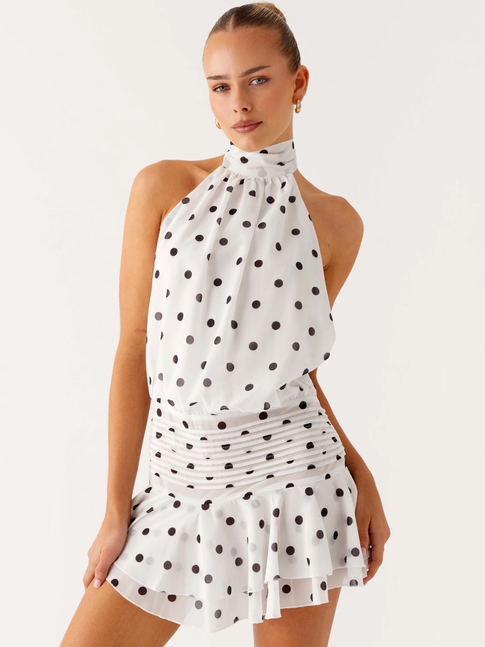 Peppermayo White Polka Dot Halter Mini Dress